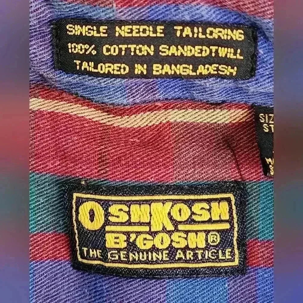 OshKosh B'gosh Vintage 90s Men's Blue Plaid Button Shirt, size Large - Picture 3 of 9